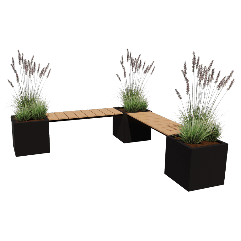 Floreira em aço - Quadrado - Configuração em canto - 221,2 x 221,2 x 50 cm - Com banco