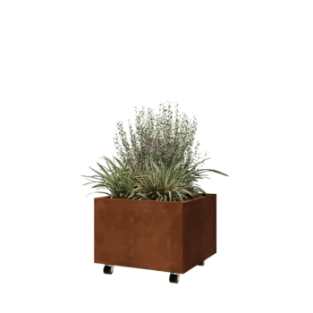 Floreira em aço corten - Quadrado - 60 x 60 x 40 cm - Com placa de base - Com rodas