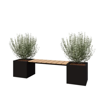 Floreira em aço - Quadrado - 221,2 x 50 x 50 cm - RAL9005 fosco (preto) - Com placa de base - Com banco
