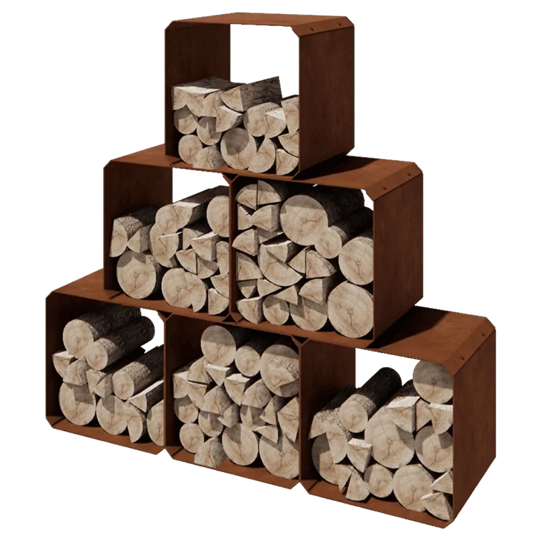Abrigo para lenha em aço corten - Colorado 6 peças - 40 x 40 x 40 cm