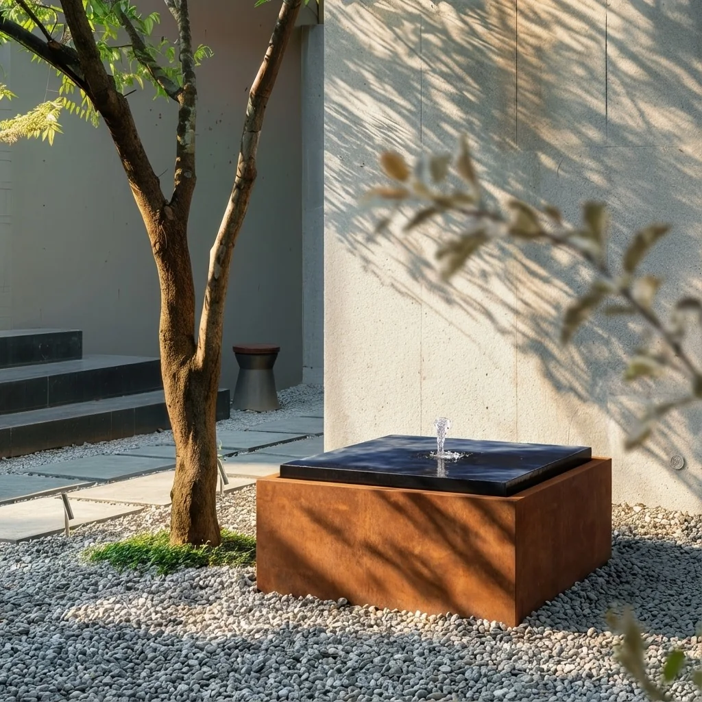 Fonte em aço corten - Orin - 80 x 80 x 40 cm - Com Iluminação LED