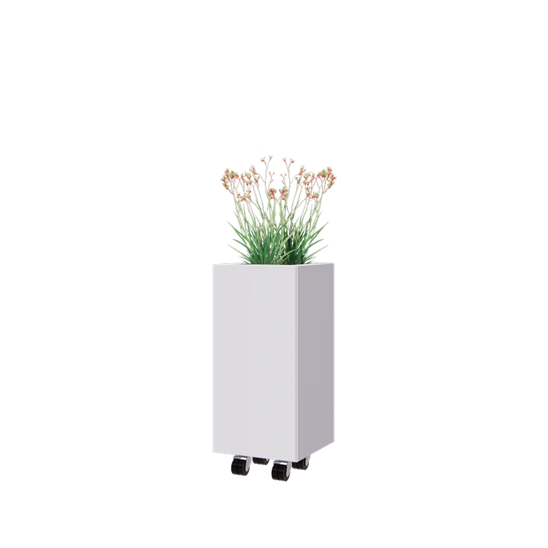 Floreira em aço - Quadrado - 30 x 30 x 60 cm - RAL9010 fosco (branco) - Com placa de base - Com rodas