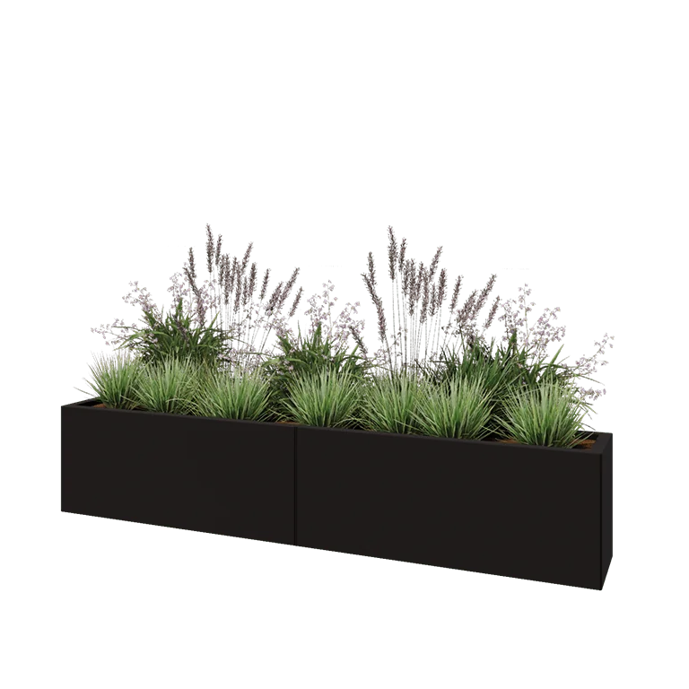 Floreira XXL em aço - Retângulo - 200 x 30 x 40 cm - RAL9005 fosco (preto) - Sem placa de base