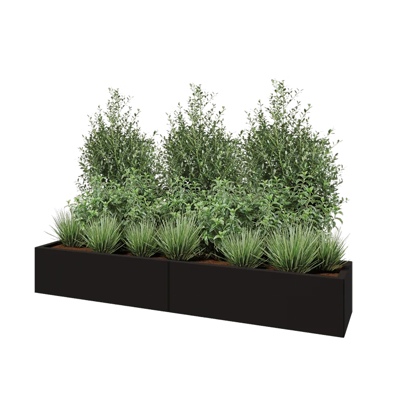 Floreira XXL em aço - Retângulo - 200 x 40 x 30 cm - RAL9005 fosco (preto) - Com placa de base