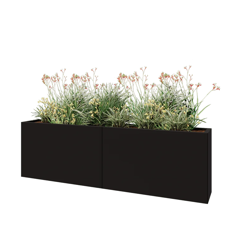 Floreira XXL em aço - Retângulo - 200 x 30 x 60 cm - RAL9005 fosco (preto) - Sem placa de base
