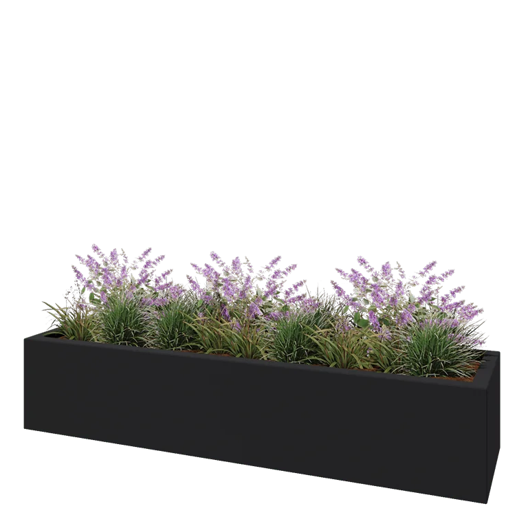 Floreira em fibra de vidro - Retângulo - 200 x 50 x 40 cm - RAL7021 mate (cinzento preto) - Com fundo