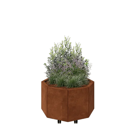 Floreira em aço corten - Octógone - 72,4 x 72,4 x 40 cm - Com placa de base - Com rodas