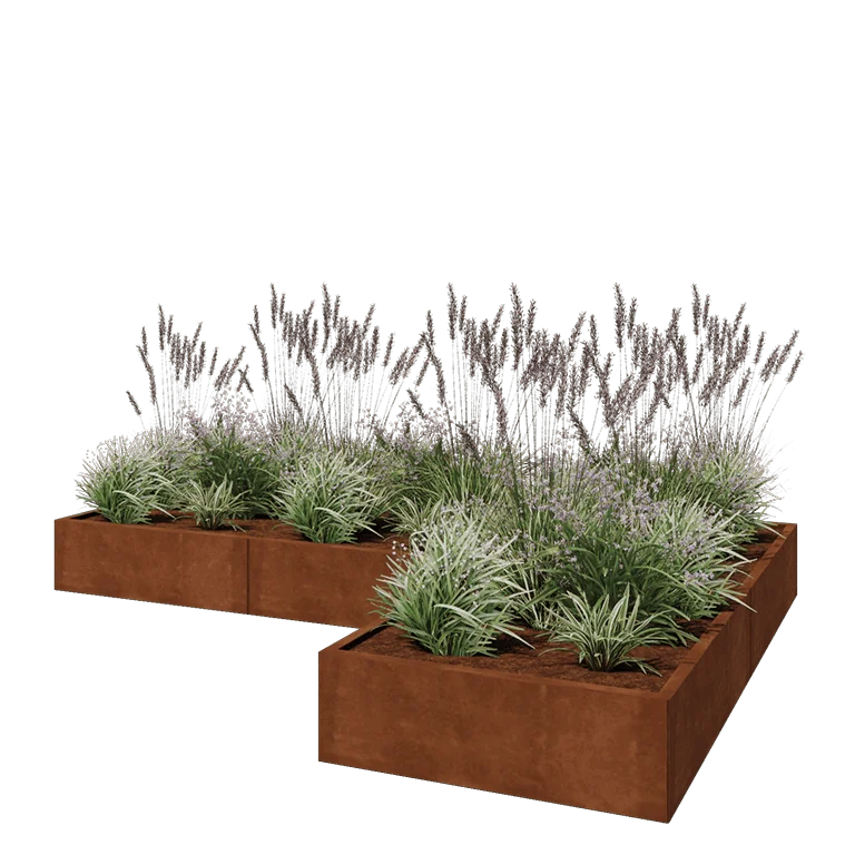 Floreira em aço corten - Forma de L - 300 x 200 x 30 cm - Com placa de base