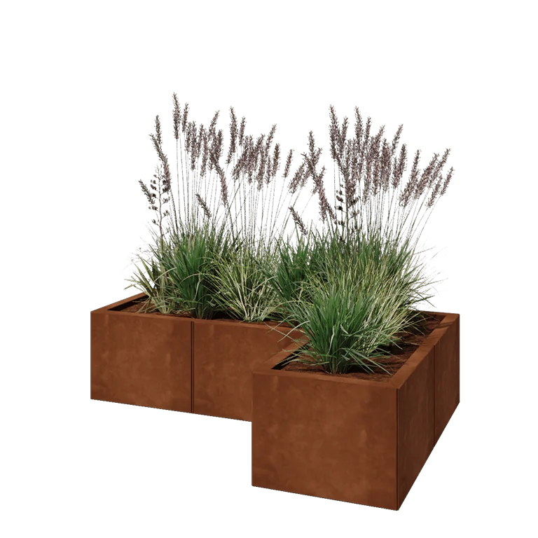 Floreira em aço corten - Forma de L - 120 x 80 x 30 cm - Com placa de base