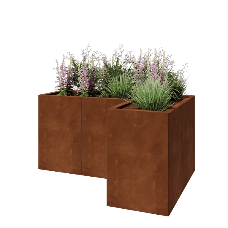Floreira em aço corten - Forma de L - 120 x 80 x 60 cm - Com placa de base