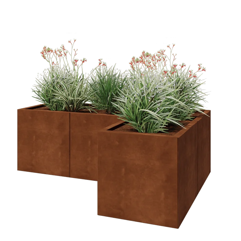 Floreira em aço corten - Forma de L - 150 x 100 x 50 cm - Com placa de base