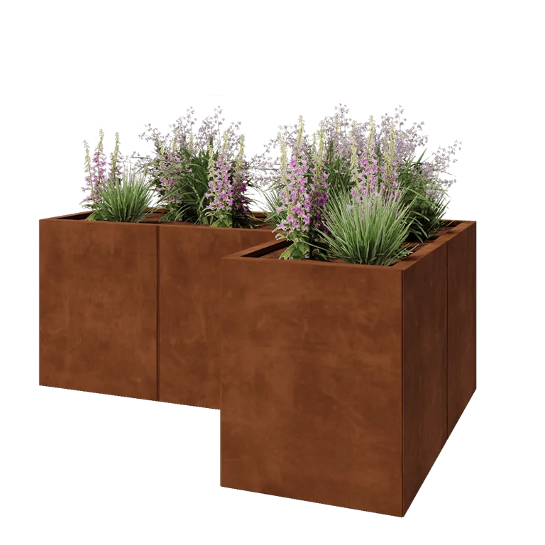 Floreira em aço corten - Forma de L - 150 x 100 x 60 cm - Com placa de base