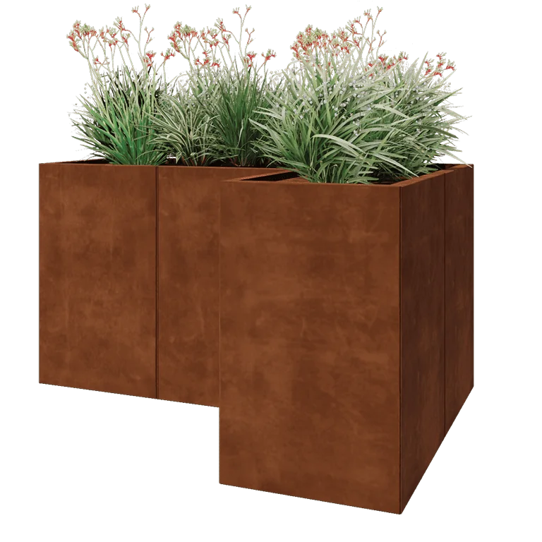 Floreira em aço corten - Forma de L - 150 x 100 x 80 cm - Com placa de base