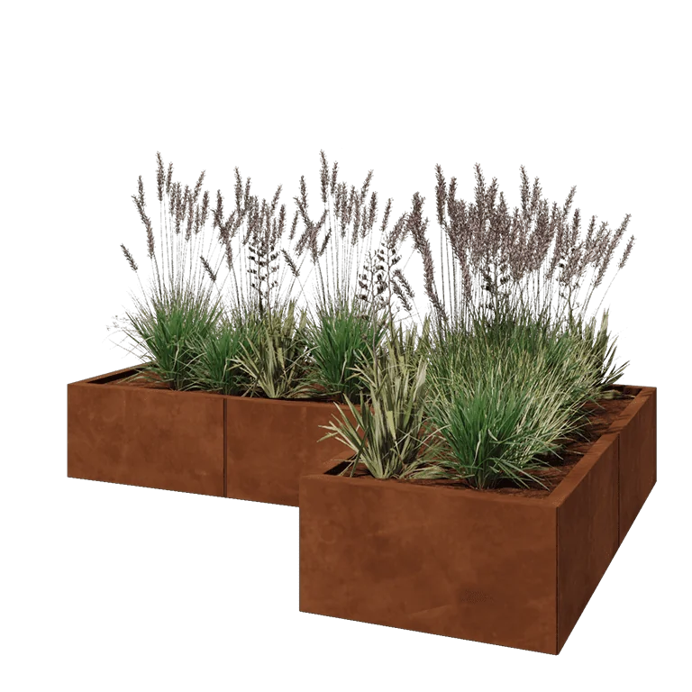 Floreira em aço corten - Forma de L - 180 x 120 x 30 cm - Com placa de base