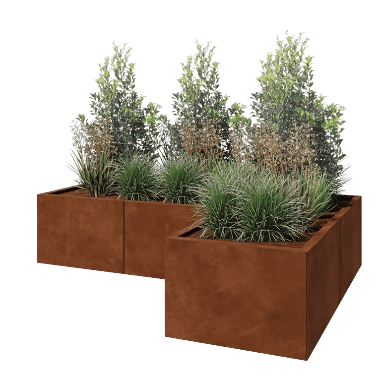 Floreira em aço corten - Forma de L - 180 x 120 x 40 cm - Com placa de base