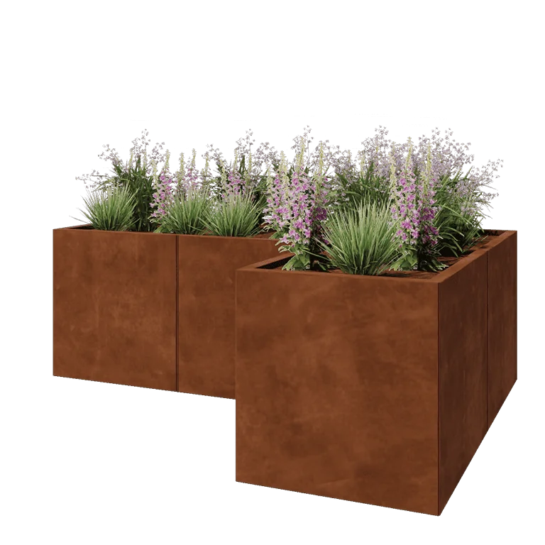 Floreira em aço corten - Forma de L - 180 x 120 x 60 cm - Com placa de base