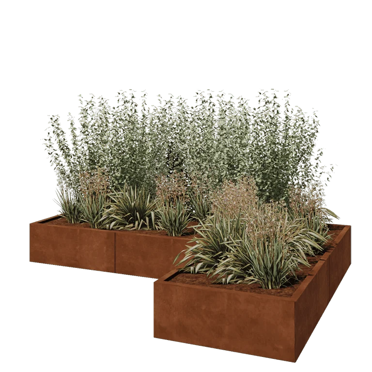 Floreira em aço corten - Forma de L - 240 x 160 x 30 cm - Com placa de base