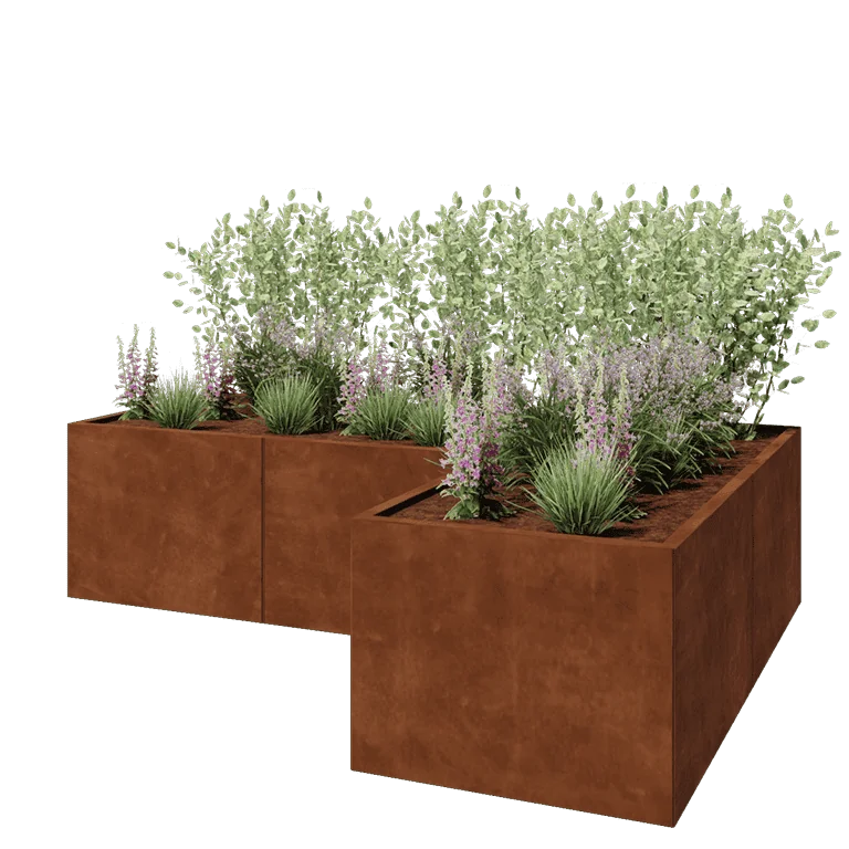 Floreira em aço corten - Forma de L - 240 x 160 x 60 cm - Com placa de base
