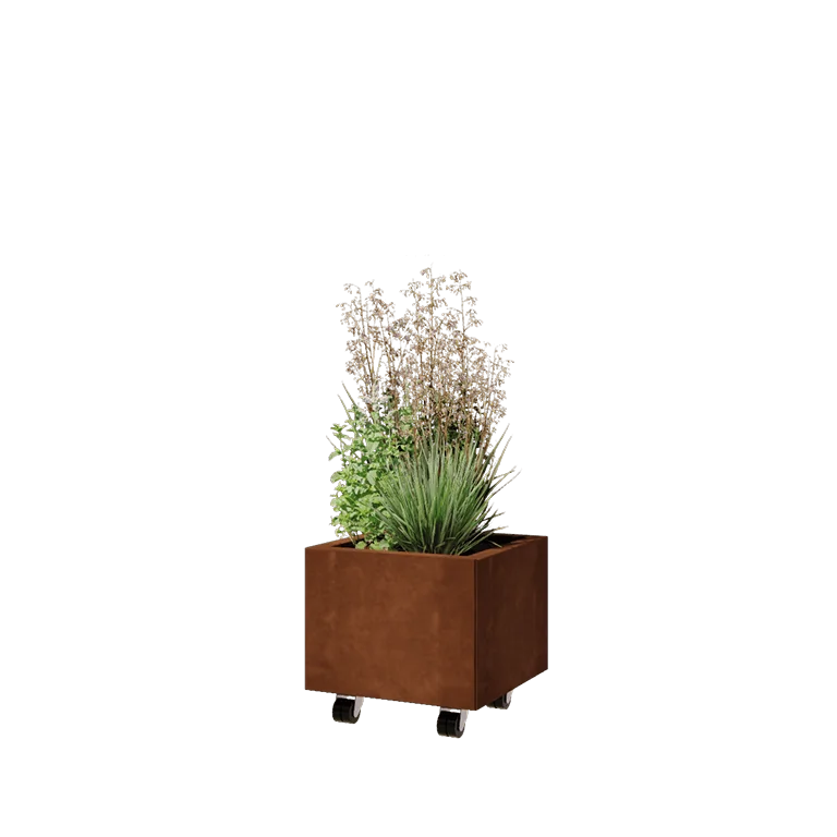 Floreira em aço corten - Quadrado - 40 x 40 x 30 cm - Com placa de base - Com rodas