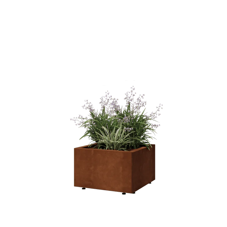 Floreira em aço corten - Quadrado - 50 x 50 x 30 cm - Com placa de base - Com pés