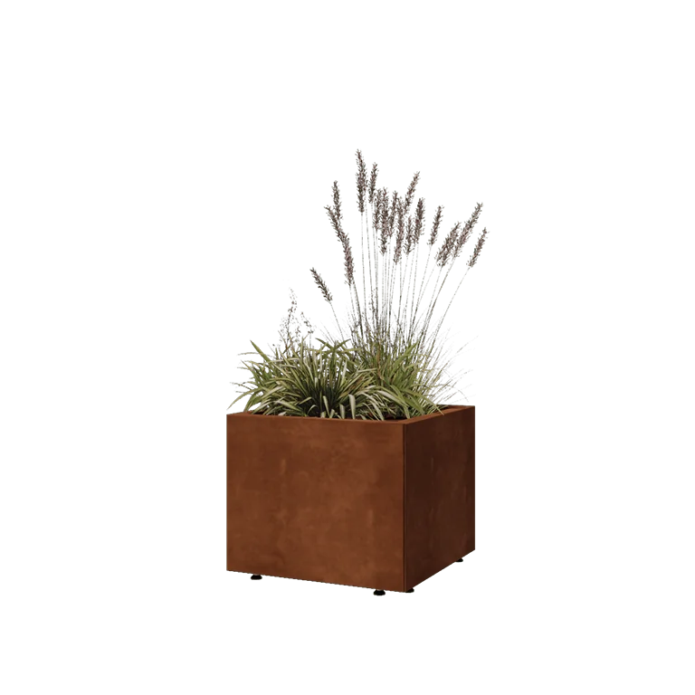 Floreira em aço corten - Quadrado - 50 x 50 x 40 cm - Com placa de base - Com pés