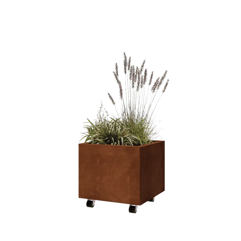 Floreira em aço corten - Quadrado - 50 x 50 x 40 cm - Com placa de base - Com rodas
