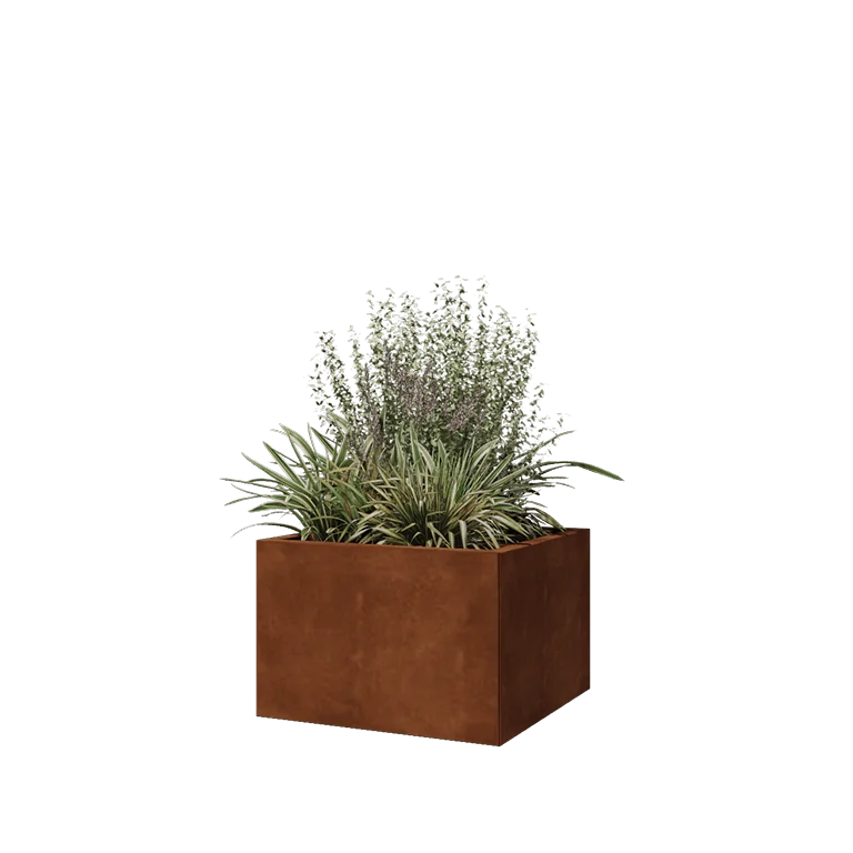 Floreira em aço corten - Quadrado - 60 x 60 x 40 cm - Com placa de base