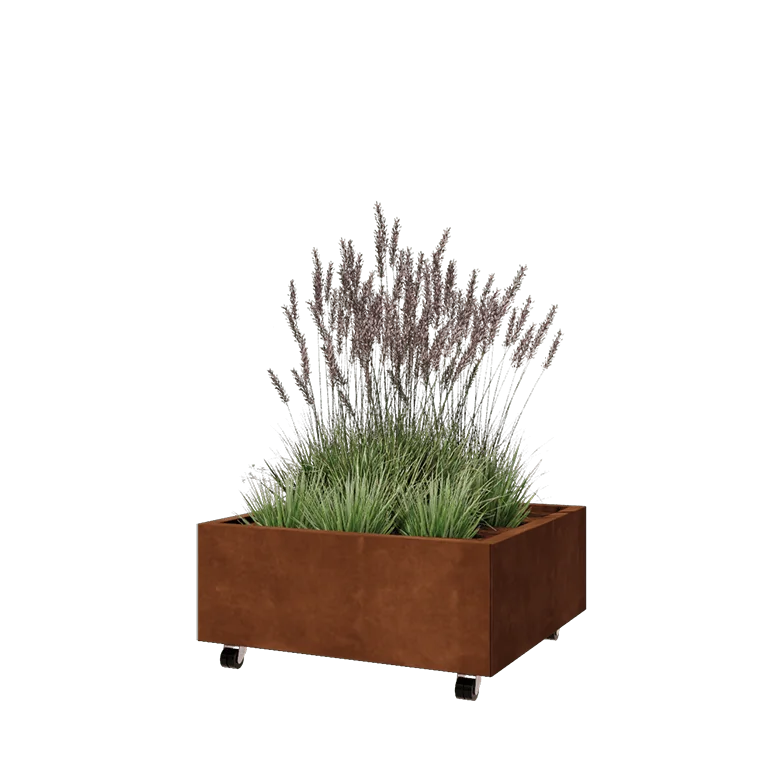 Floreira em aço corten - Quadrado - 80 x 80 x 30 cm - Com placa de base - Com rodas