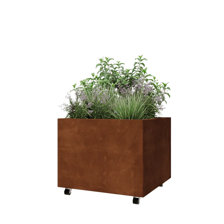 Floreira em aço corten - Quadrado - 80 x 80 x 60 cm - Com placa de base - Com rodas