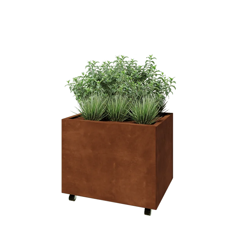 Floreira em aço corten - Retângulo - 80 x 60 x 60 cm - Com placa de base - Com rodas
