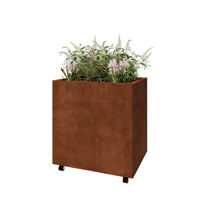 Floreira em aço corten - Retângulo - 80 x 60 x 80 cm - Com placa de base - Com rodas