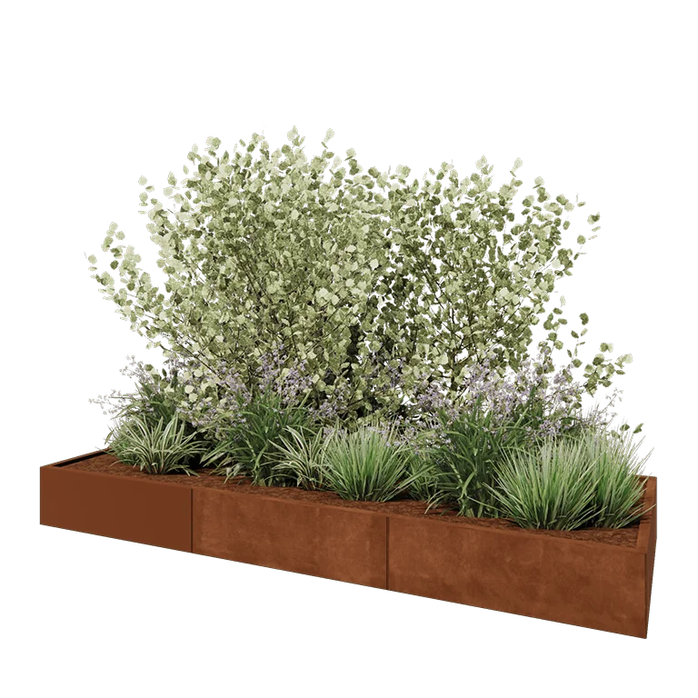 Floreira XXL em aço corten - Retângulo - 300 x 100 x 30 cm - Com placa de base