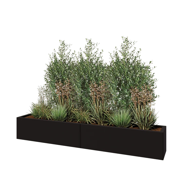 Floreira XXL em aço - Retângulo - 200 x 30 x 30 cm - RAL9005 fosco (preto) - Com placa de base