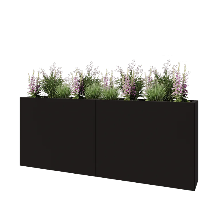 Floreira XXL em aço - Retângulo - 200 x 30 x 80 cm - RAL9005 fosco (preto) - Com placa de base
