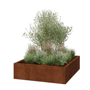 Floreira em aço corten - Quadrado - 140 x 140 x 40 cm - Soldado - Com placa de base