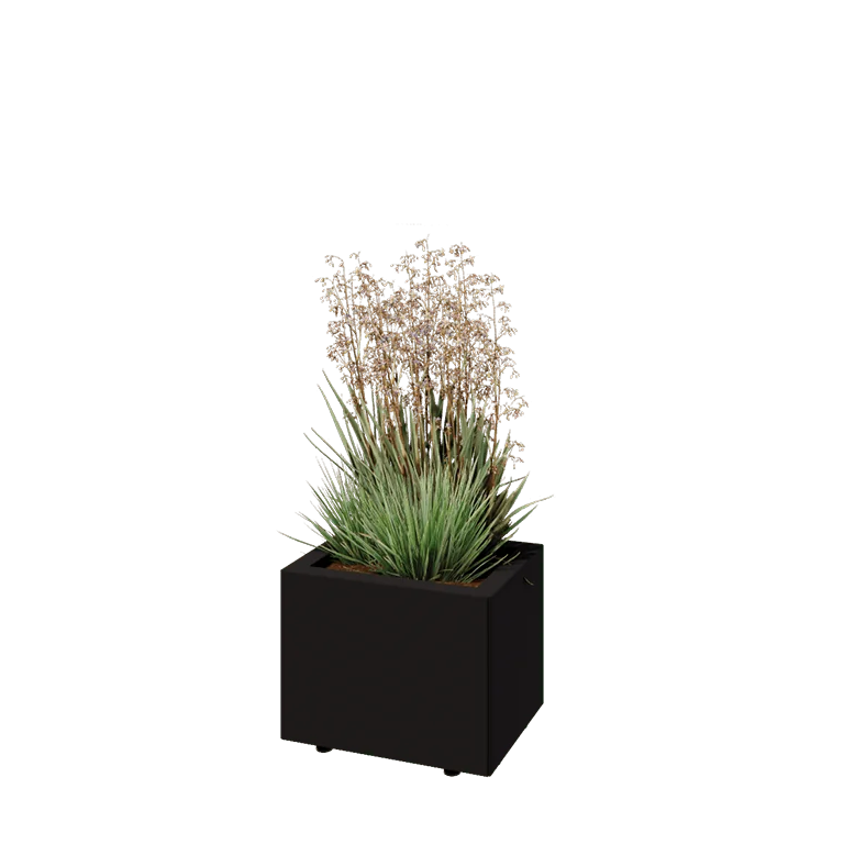 Floreira em aço - Retângulo - 40 x 30 x 30 cm - RAL9005 fosco (preto) - Com placa de base - Com pés