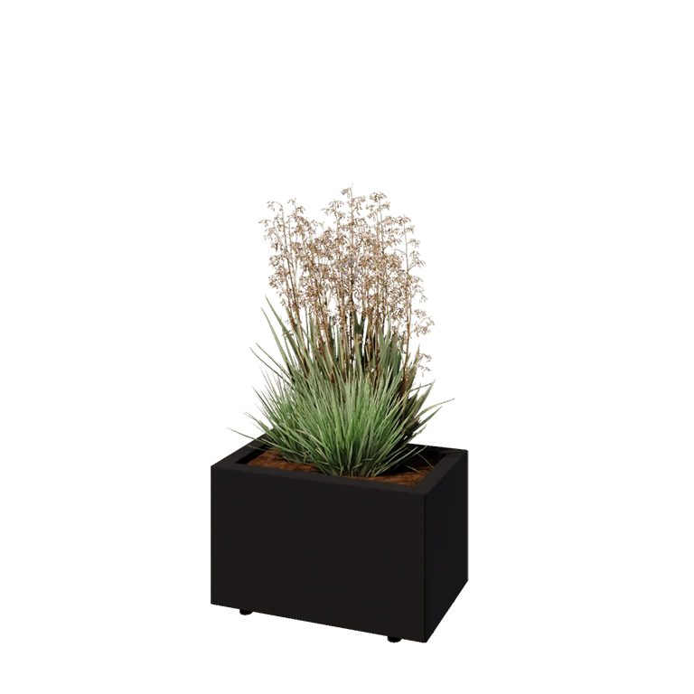 Floreira em aço - Retângulo - 50 x 30 x 30 cm - RAL9005 fosco (preto) - Com placa de base - Com pés