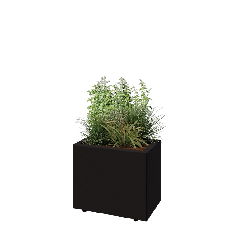Floreira em aço - Retângulo - 50 x 30 x 40 cm - RAL9005 fosco (preto) - Com placa de base - Com pés
