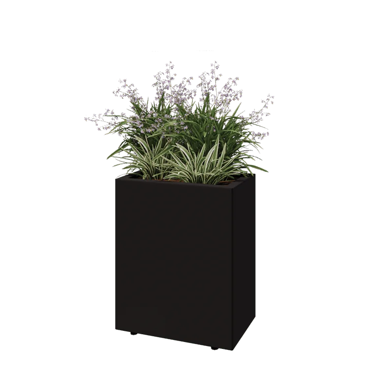 Floreira em aço - Retângulo - 50 x 30 x 60 cm - RAL9005 fosco (preto) - Com placa de base - Com pés