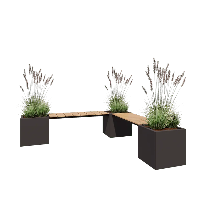 Floreira em aço - Quadrado - Configuração em canto - 221,2 x 221,2 x 50 cm - RAL7016 fosco (cinzento antracite) - Sem placa de base - Com banco