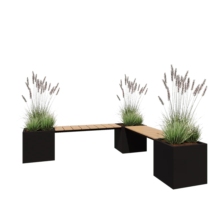 Floreira em aço - Quadrado - Configuração em canto - 221,2 x 221,2 x 50 cm - RAL9005 fosco (preto) - Com placa de base - Com banco