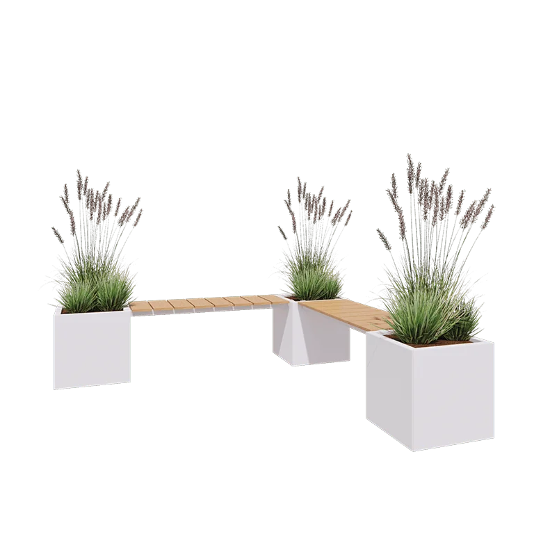 Floreira em aço - Quadrado - Configuração em canto - 221,2 x 221,2 x 50 cm - RAL9010 fosco (branco) - Sem placa de base - Com banco