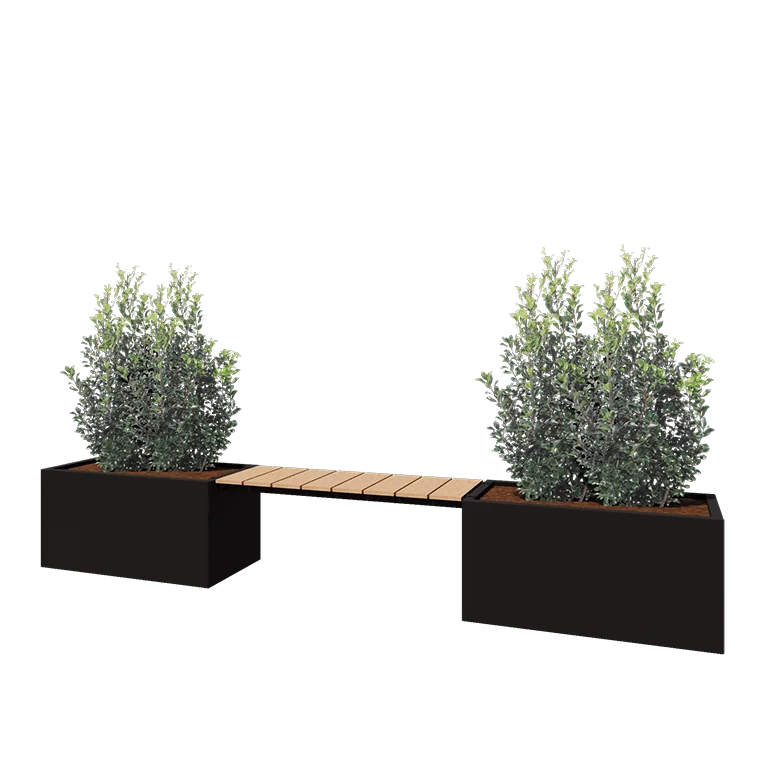 Floreira em aço - Retângulo - 321,2 x 50 x 50 cm - RAL9005 fosco (preto) - Com placa de base - Com banco