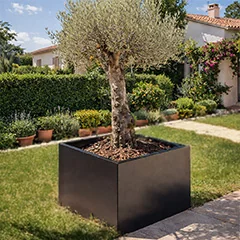 Floreiras em aço num jardim de linhas direitas com um visual moderno e intemporal