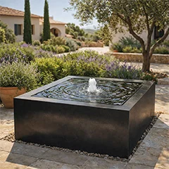 Mesas de água em aço como ponto de destaque relaxante num jardim moderno